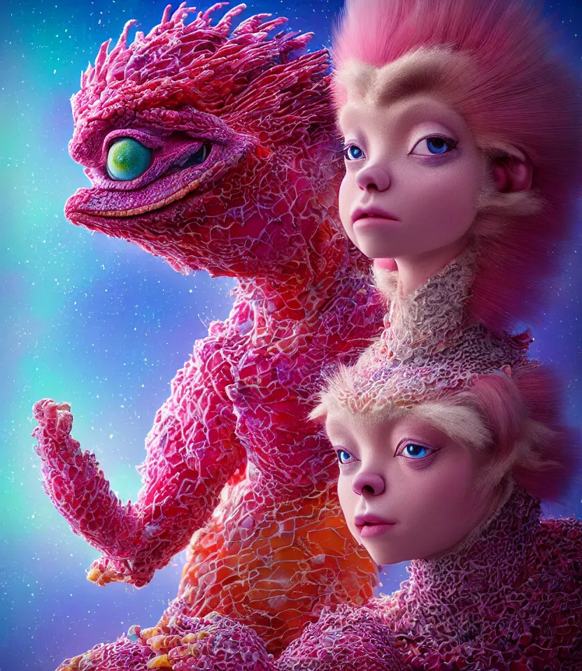 Image similar to hyper detailed 3d render like a Oil painting - kawaii portrait of two Aurora (a beautiful girl skeksis muppet fae princess protective playful expressive acrobatic from dark crystal that looks like Anya Taylor-Joy) seen red carpet photoshoot in UVIVF posing in scaly dress to Eat of the Strangling network of yellowcake aerochrome and milky Fruit and His delicate Hands hold of gossamer polyp blossoms bring iridescent fungal flowers whose spores black the foolish stars by Jacek Yerka, Ilya Kuvshinov, Mariusz Lewandowski, Houdini algorithmic generative render, golen ratio, Abstract brush strokes, Masterpiece, Edward Hopper and James Gilleard, Zdzislaw Beksinski, Mark Ryden, Wolfgang Lettl, hints of Yayoi Kasuma and Dr. Seuss, octane render, 8k