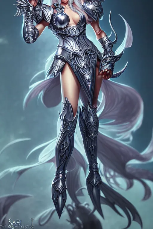 Image similar to sakimi chan, detailed face, standing, silver fantasy armor, tony sart