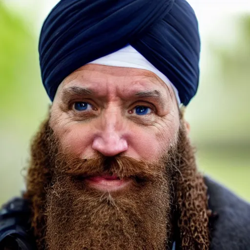 Prompt: a portrait of joe biden wearing a long beard and a turban joining the taliban, fine details, close up, 8 k photography, depth of field, bokeh. i