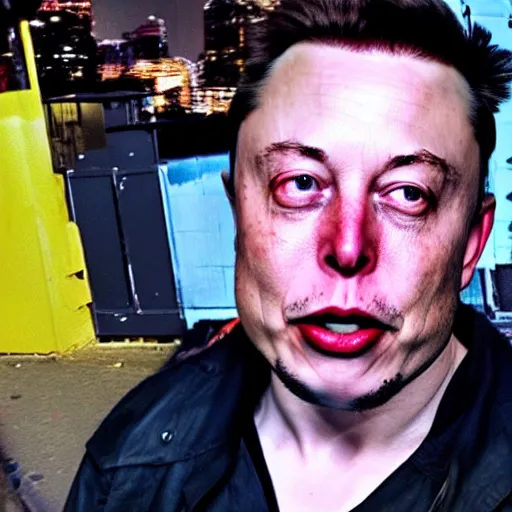 Image similar to bodycam footage of a homeless elon musk going crazy and scamming people, new york streets, wide angle, fisheye, uhd, 4 8 0 p, bodycam, paparazzi, bad quality, pov