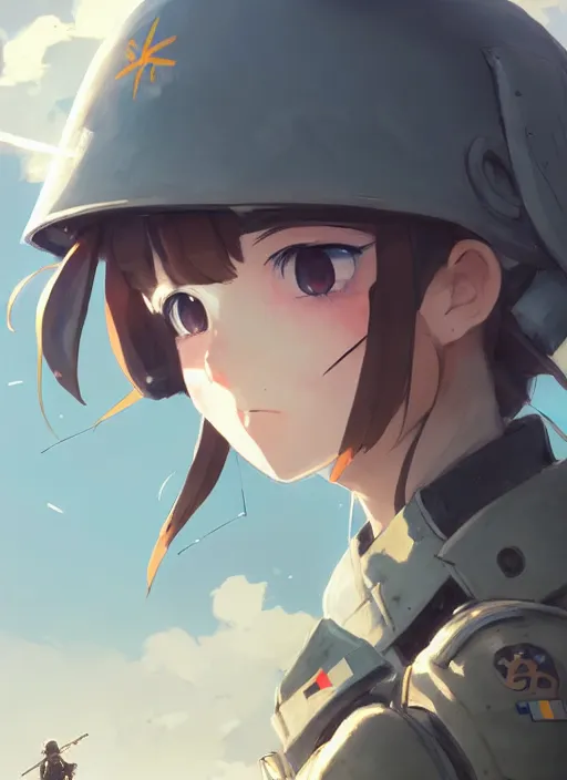 Image similar to portrait of cute soldier girl, cloudy sky background lush landscape illustration concept art anime key visual trending pixiv fanbox by wlop and greg rutkowski and makoto shinkai and studio ghibli and kyoto animation soldier clothing military gear realistic anatomy mechanized modern warfare arknights