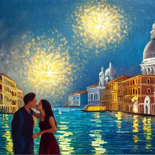 Prompt: an oil painting of couple kissing, in a background fireworks in venice