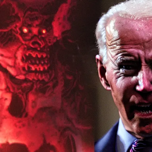 Image similar to Doom horror furious glowing red eyes biden