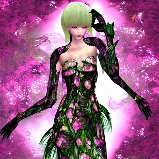 Image similar to cute female forest spirit wearing floral cybernetic valentino resort sheer dress in a 3 d psx ps 2 jrpg style, overgrown esoteric cyber cathedral sanctuary, fashion gameplay screenshot, highly detailed, morning pink gold light