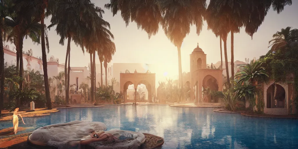 Prompt: beautiful bath house surrounded by palm trees, moroccan tile archways,, ivory towers, sun setting, ross tran, nephilim, pyroclastic flow, ethereal, fantasy, james jean, oozium, peter morbacher, angelarium, alchemy, luxury, heavenly light, soft illumination, trending on artstation, cinematic lighting, digital painting, octane render, artgerm