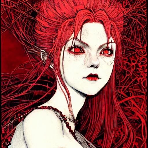 Prompt: prompt : portrait of a red haired vampire maid, painted in ian mcque style drawn by vania zouravliov and takato yamamoto, intricate acrylic gouache painting, high detail, sharp high detail