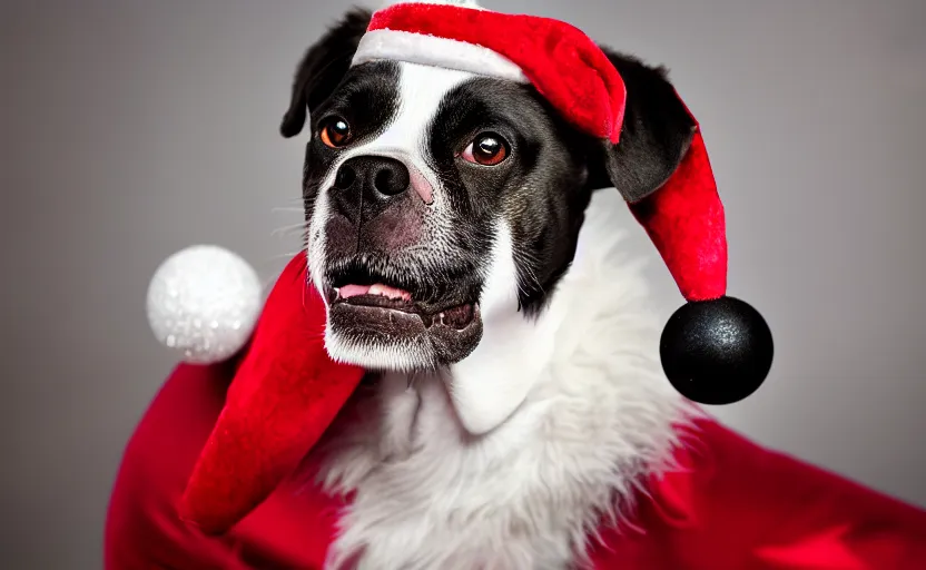 Image similar to studio photography of a dog wearing a christmas outfit, detailed face, cinematic lighting, 8 k