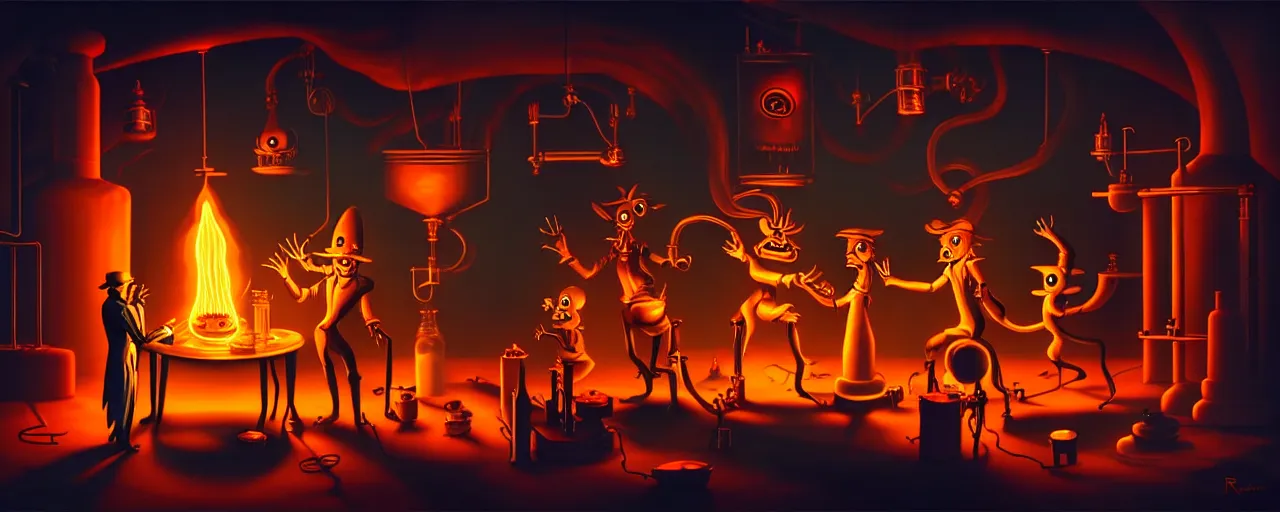 Image similar to uncanny alchemist monsters in a fiery alchemical lab, dramatic lighting, surreal 1 9 3 0 s fleischer cartoon characters, surreal painting by ronny khalil