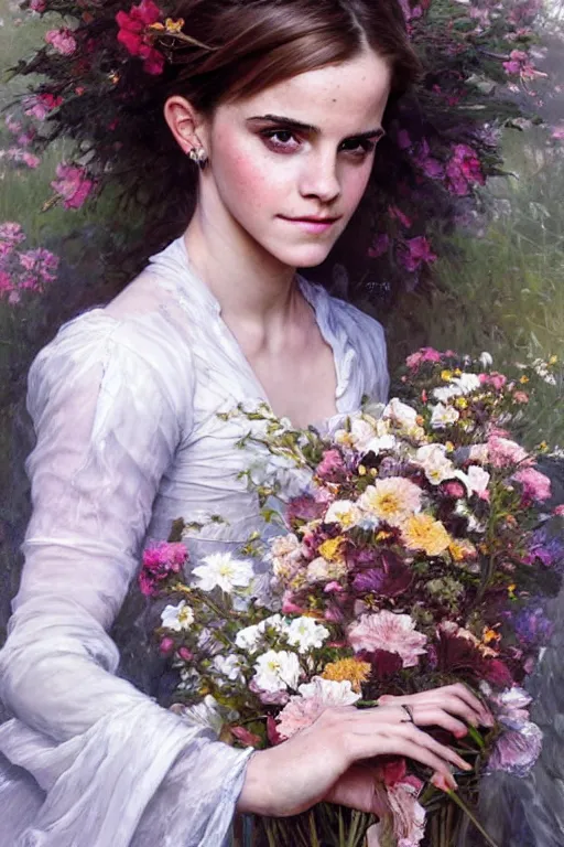 Image similar to portrait of emma watson as beautiful mysterious woman holding a bouquet of flowing flowers, hands hidden under the bouquet, fantasy, regal, intricate, by stanley artgerm lau, greg rutkowski, thomas kindkade, alphonse mucha, loish, norman rockwell