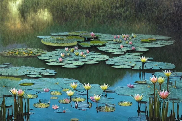 Image similar to pale teal rain beside pond with waterlilies, fantasy, intricate, elegant, dramatic lighting, emotionally evoking symbolic metaphor, highly detailed, lifelike, photorealistic, digital painting, artstation, concept art, smooth, sharp focus, illustration, art by John Collier and Albert Aublet and Krenz Cushart and Artem Demura and Alphonse Mucha