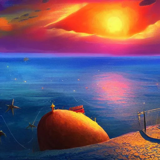 Image similar to russian khrushchevki, on the background of the sea, jupiter in the sky, super detail, digital painting, 4 k