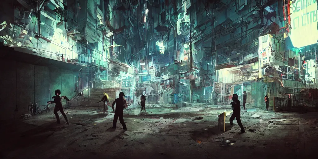 Image similar to cinematic shots of teenagers with tech clothing and hoods and tactical masks doing risky parkour inside the huge industrial sewers of a dystopian city, neon lights, sci - fi, night lights, haze, concept art, intricate, in the style of katsuhiro otomo, akira, unreal engine