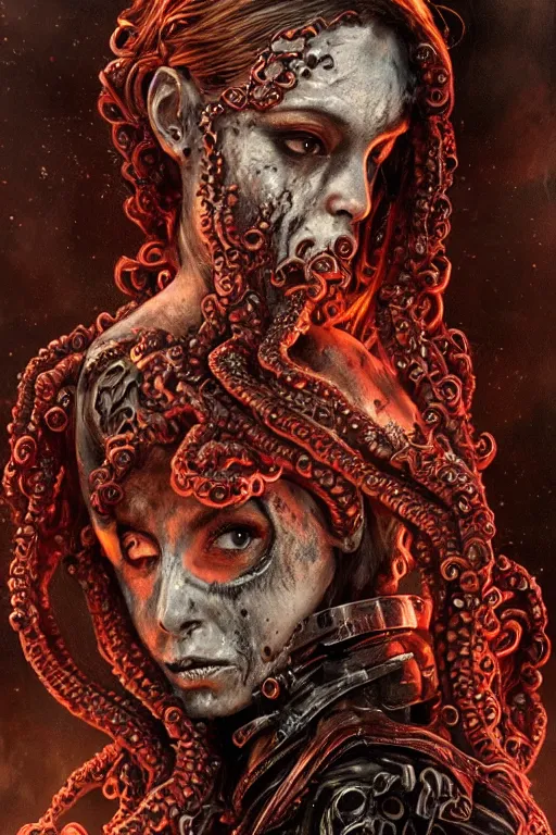 Image similar to realistic portrait of beautifully crystalized and detailed portrait of a zombie woman with gasmask, tentacles, tendrils, eldritch, matte painting of cinematic movie scene red dragon, horror, created by gustave dore and greg rutkowski, high detailed, smooth draw, synthwave neon retro, intricate, realistic proportions, dramatic lighting, trending on artstation.