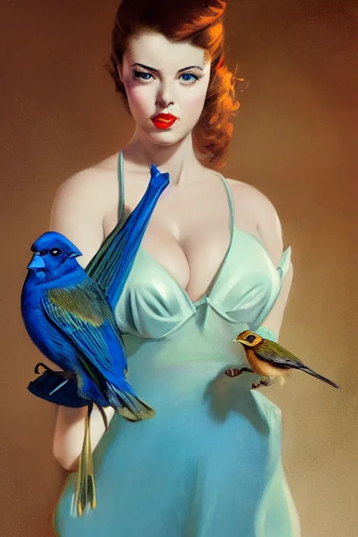 Image similar to hyper realistic painting, tasteful pinup girl holding an indigo bunting, bird, the bird is wearing a bowtie, by greg rutkowski, rossdraws, gil elvgren, enoch bolles, anime, porcelain skin, very coherent