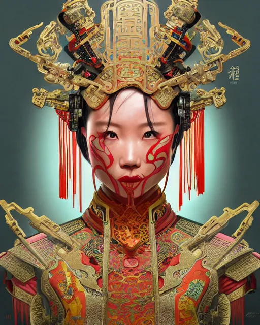 Image similar to portrait of a chinese cyberpunk machine, machine face, arms, upper half portrait, decorated with chinese opera motifs, regal, asian, fine china, wuxia, traditional chinese art intricate intense elegant 京 剧 highly detailed digital painting artstation concept art smooth sharp focus illustration, art by artgerm and greg rutkowski alphonse mucha 8 k