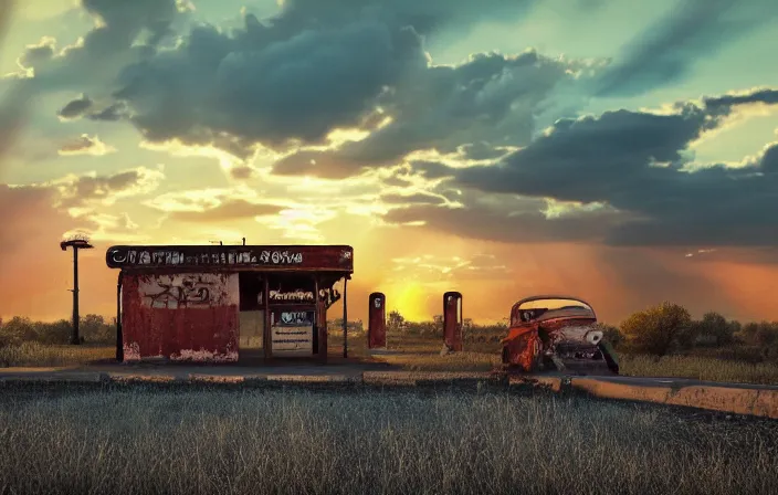 Prompt: A sunset light landscape with historical route66, abandoned gas station, old rusty pickup-truck, lots of sparkling details and sun ray’s, blinding backlight, smoke, volumetric lighting, octane, 35 mm, beautiful reflections, heavenly, softlight