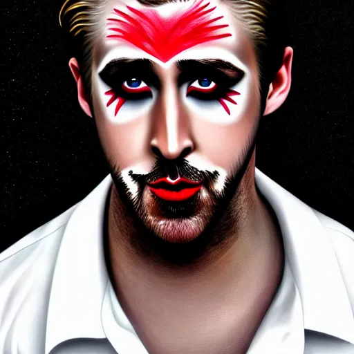 Image similar to ryan gosling with his face painted black and his lips painted red wearing a white shirt, digital art, highly detailed