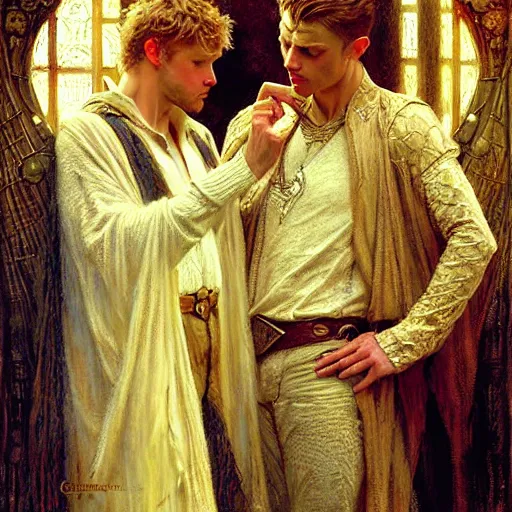 Image similar to stunning arthur pendragon in love with stunning male merlin the mage. they are close to each other. highly detailed painting by gaston bussiere, craig mullins, j. c. leyendecker