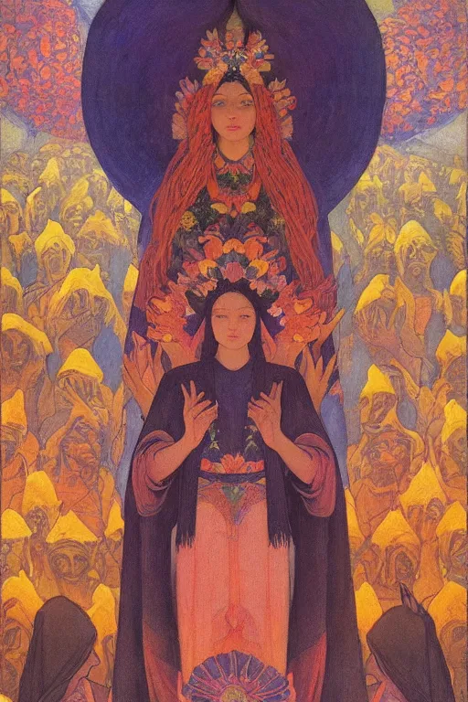 Prompt: queen of flowers, by Nicholas Roerich and Annie Swynnerton and Diego Rivera and jean delville, dramatic cinematic lighting , ornate headdress , flowing robes, sacred artifacts, lost civilizations, smooth, sharp focus, extremely detailed