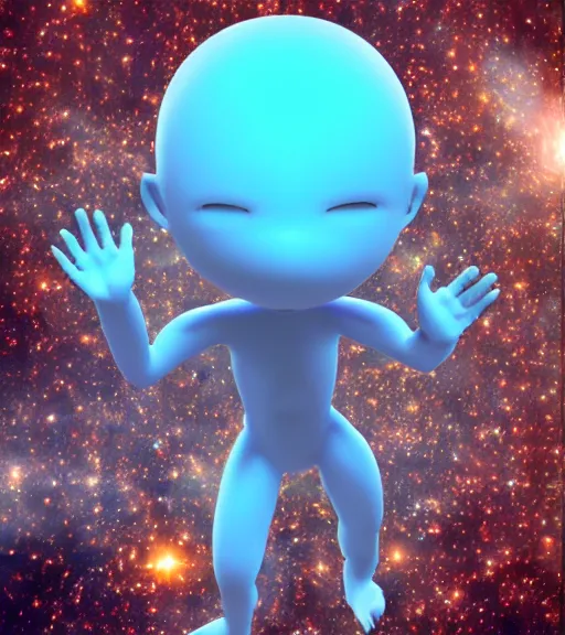 Prompt: A beautiful pale blue, bald humanoid-shaped creature appears surrounded by ball of cosmic energy