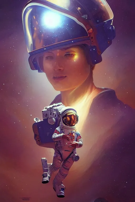 Image similar to a female astronaut on mars, face painting, dramatic lighting, intricate, wild, highly detailed, digital painting, artstation, concept art, smooth, sharp focus, illustration, art by artgerm and greg rutkowski and alphonse mucha, footage from space camera