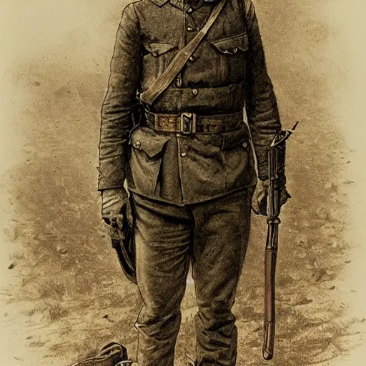 Image similar to a detailed photorealistic sepia - toned color line drawing of a 1 9 1 7 worried clean - shaven british lieutenant in detailed field gear not wearing a hat in wadi rum, ultra realistic, painted, intricate details, lovecraft, atmospheric, dark, horror, brooding, highly detailed, by clyde caldwell