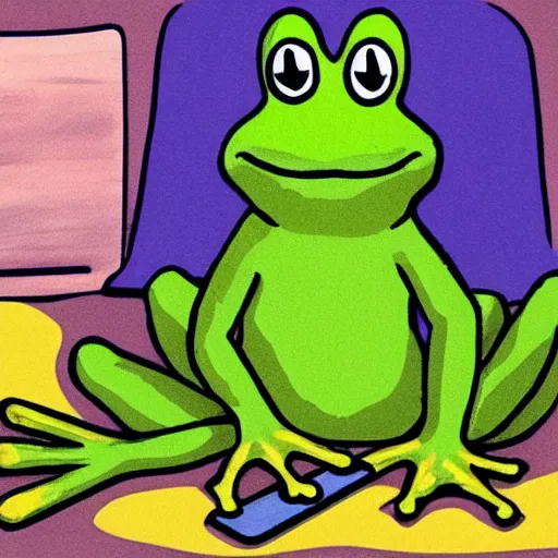 Prompt: peepo the frog!!!, lying on his bed with a laptop, crying!!!, sad lo-fi vibes, dramatic,
