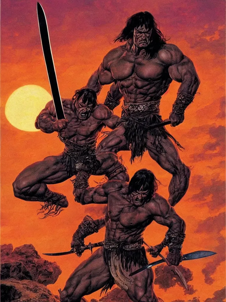 Prompt: a comic book cover color illustration of Conan the Barbarian wielding a sword during a sunset art by Dale Keown, Boris Vallejo, Frank Frazetta, Moebius