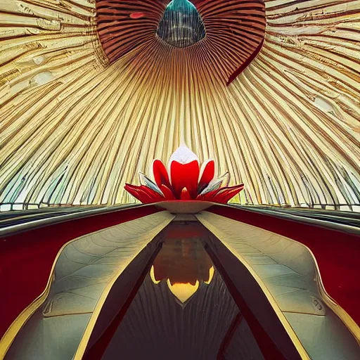 Prompt: interior of a futuristic art nouveau lotus temple with gold, red and white marble panels, in the desert, by buckminster fuller and syd mead, intricate contemporary architecture, photo journalism, photography, cinematic, national geographic photoshoot