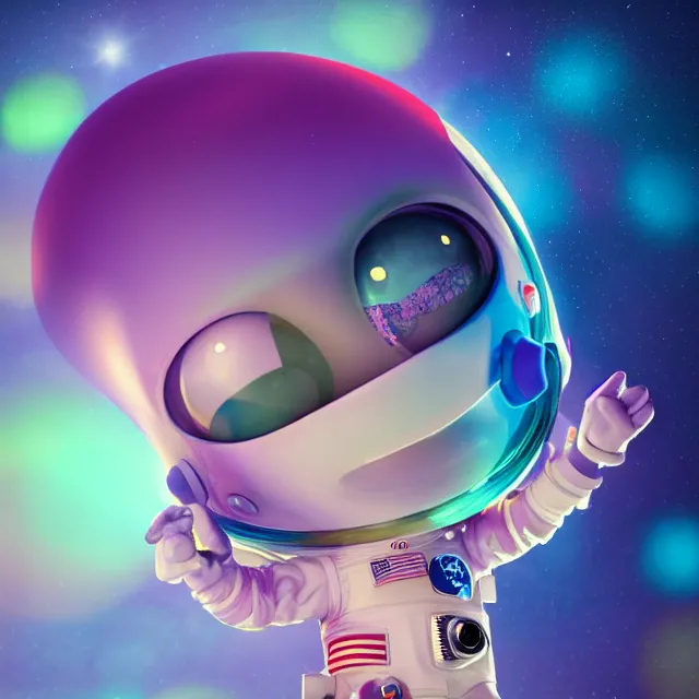 Image similar to a cute astronaut, pixar animation style, soft colors, by jeff koons, by lisa frank, octane render, colorful, spectral color, 5 d, ultra - hd, happy, good, mini, volumetric lighting