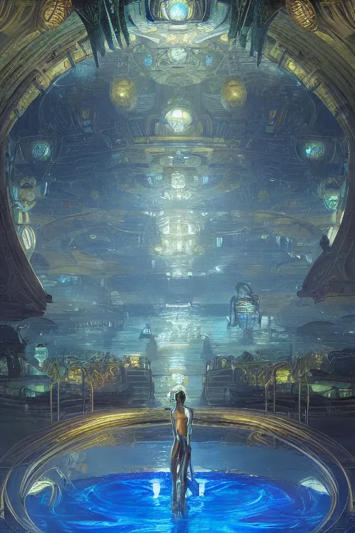 Prompt: Concept Digital Art Highly detailed Alien Art Deco Cybertron lazy river inside of the Palace of the Primes with glowing blue water at night by greg rutkowski, Ilya repin, alphonse mucha, and Edmund Blair Leighton. Very highly detailed 8K, octane, Digital painting, the golden ratio, rational painting