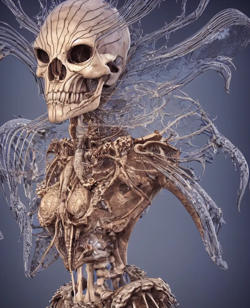 Image similar to close-up macro portrait of the face of a beautiful princess with animal skull mask, epic angle and pose ribcage skeleton, symmetrical artwork, 3d with depth of field, blurred background, cybernetic jellyfish female face skull phoenix bird, translucent, nautilus, energy flows of water and fire. a highly detailed epic cinematic concept art CG render. made in Maya, Blender and Photoshop, octane render, excellent composition, cinematic dystopian brutalist atmosphere, dynamic dramatic cinematic lighting, aesthetic, very inspirational, arthouse. y Greg Rutkowski, Ilya Kuvshinov, WLOP, Stanley Artgerm Lau, Ruan Jia and Fenghua Zhong