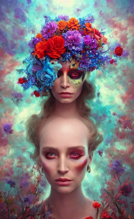 Image similar to a beautiful oil painting hyperrealism of a beautiful woman, skull makeup, flowers, floral headdress, 8 k resolution, octane render, trending on artstation, by gediminas pranckevicius, volumetric light 2 blue fractal thunder glow by dan mumford, anaglyph effect, laurie lipton