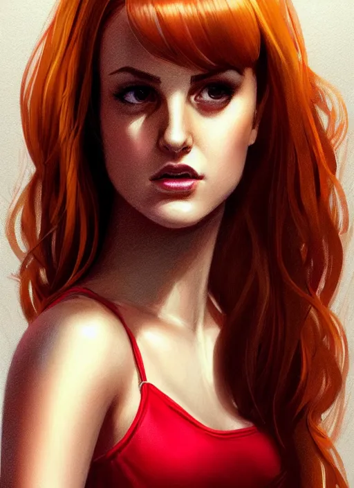 Image similar to full body portrait of teenage cheryl blossom, bangs, green eyes, mischievous expression, red hair, sultry smirk, bangs and wavy hair, intricate, elegant, glowing lights, highly detailed, digital painting, artstation, concept art, smooth, sharp focus, illustration, art by wlop, mars ravelo and greg rutkowski