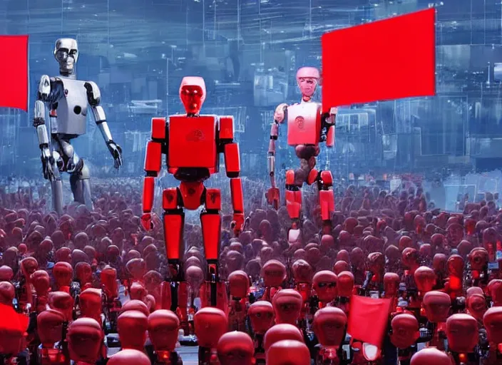 Image similar to dystopian art, humanoid robot dictator giving a propaganda speech to human like robots surround by two large red flags with robot heads on them