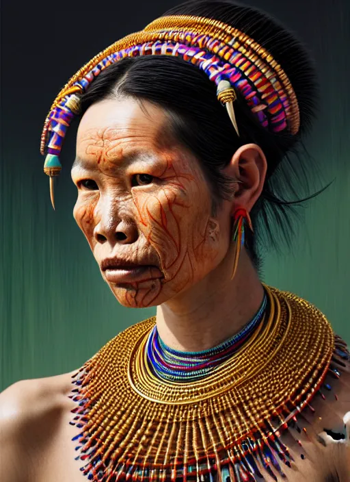 Image similar to portrait of catriona balfe as a kayan tribe woman with gold neck rings, hyper detailed ultra sharp trending on artstation, colorful, psychedelic, ornate, intricate, digital painting, concept art, smooth, sharp focus, illustration, art by artgerm and greg rutkowski and h. r. giger, 8 k