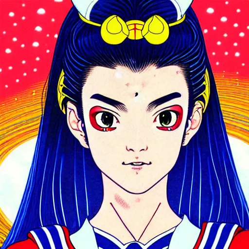 Prompt: perfectly centred realistic portrait of evgenia medvedeva as sailor moon, early morning, close - up shot, light falling on face, futuristic, highly detailed, 8 0 - s style poster, sharp focus, illustration, art by kawase hasui,