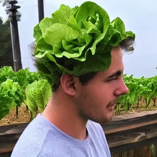 Prompt: lettuce on young mans head