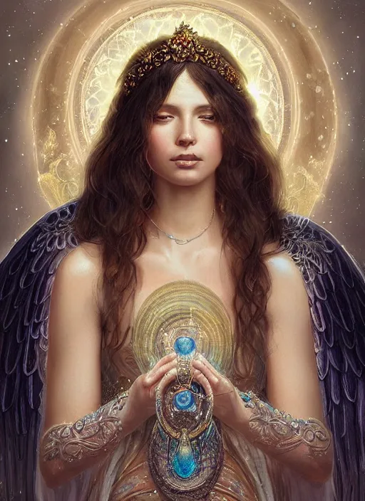 Image similar to A beautiful digital painting of a female angel full of jewels, princess, the moon behind her, intricate, cinematic lighting, highly detailed, digital painting, Artstation, concept art, smooth, sharp focus, illustration, art by Tom Bagshaw, Artgerm and Greg Rutkowski