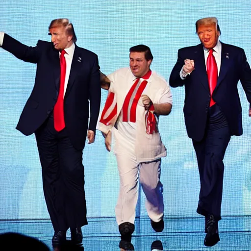 Image similar to photo of a vladimir putin, donald trump and ron desantis dancing a congo line on stage at cpac,