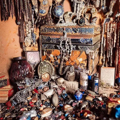 Prompt: epic photo of an ancient dark byzantine cave interior, ornate glass bottle on a pile of crystals, books covered in jewels, ornate, surrounded by strange crystals and treasure, full of sand and glitter, Indiana Jones, cinematic, jewels, 35mm lens