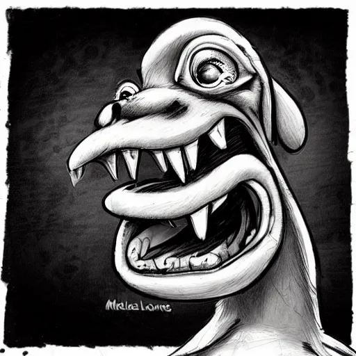 Prompt: grunge cartoon sketch of a dog snake mix with a wide smile by - michael karcz, loony toons style, horror theme, detailed, elegant, intricate