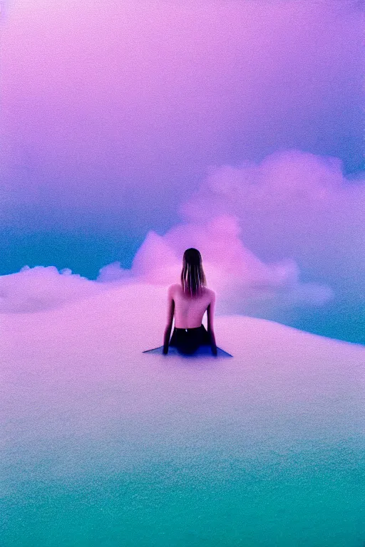 Image similar to high quality pastel coloured film close up wide angle photograph of a model wearing clothing swimming on cloud furniture in a icelandic black rock!! environment in a partially haze filled dreamstate world. three point light, rainbow. photographic production. art directed. pastel colours. volumetric clouds. pastel gradient overlay. waves glitch artefacts. extreme facial clarity. 8 k. filmic.