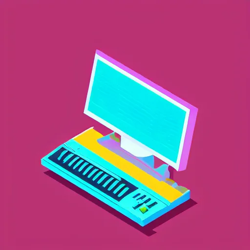 Prompt: a computer from the nineties in vapor wave style isometric view.