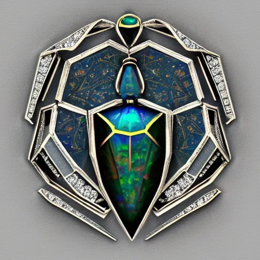 Image similar to jewelry engraved in scarab, beetle, opal diamond, art noveau, art deco, 8k , artstation, render, elegant, album art, artistic, billelis, decorative art