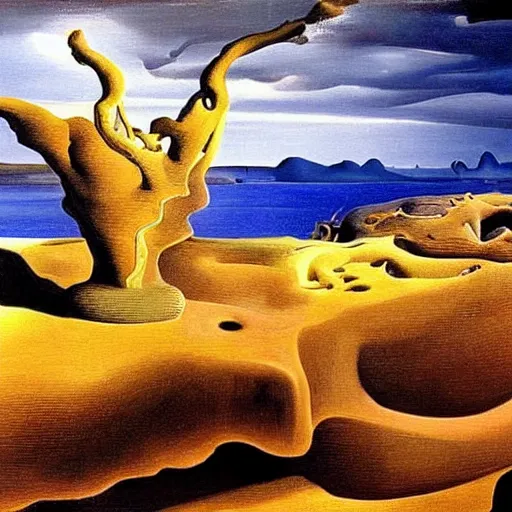 Image similar to different subjects painted by salvador dali!!!! different realm!, gigantic landscape!, cinematic, dark fantasy, acrylic palette, high detail, hyper realism!!, ray tracing, 4 k resolution, 8 k resolution!!, full hd, neon, realistic painting by salvador dali!!!!