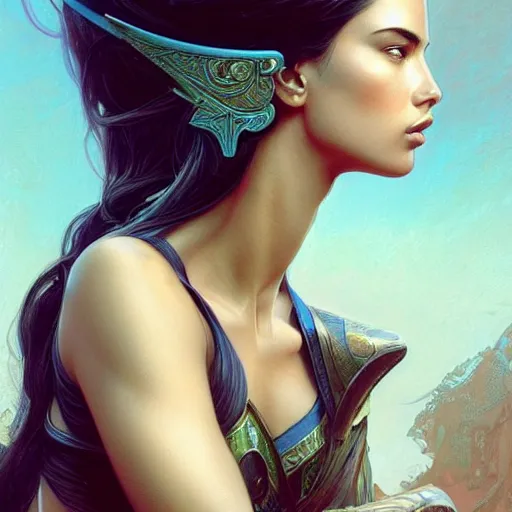 Image similar to an attractive young female wearing an blue ornate metallic helmet, adriana lima, olive skin, long dark hair, beautiful bone structure, intricate, elegant, highly detailed, digital painting, artstation, concept art, smooth, sharp focus, illustration, art by artgerm and greg rutkowski and alphonse mucha