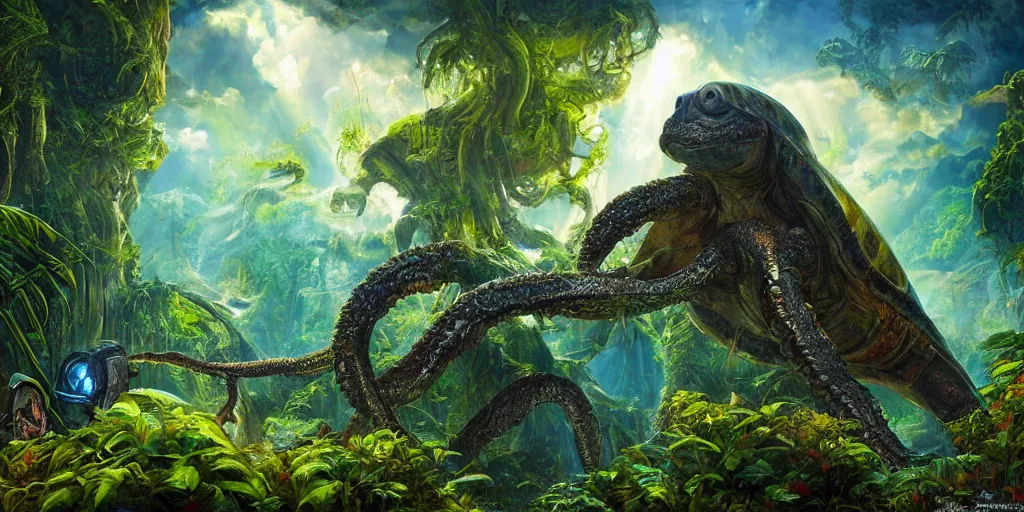 Prompt: fantasy oil painting, alien spacecraft, outer worlds, great leviathan, turtle cephalopod terrapin reptilian pachyderm amphibian hybrid, rainforest mountains, lush plants flowers, epic natural light, bright clouds, luminous sky, bright cinematic key lighting, michael cheval, michael whelan, vray, 8 k hd