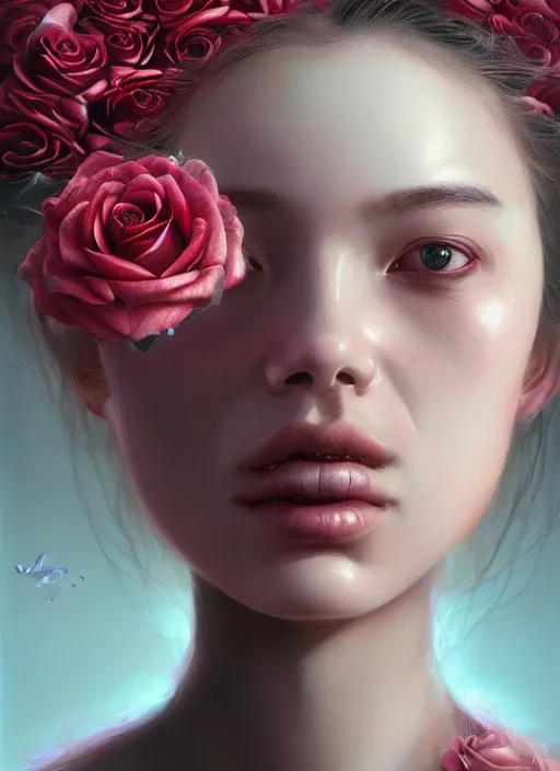 Image similar to portrait of a female face with roses instead of eyes. roses, intricate abstract upper body intricate artwork, by tooth wu, wlop, beeple, dan mumford. concept art, octane render, deviantart, greg rutkowski, cinematic arthouse, key art, hyper realism, iridescent accents