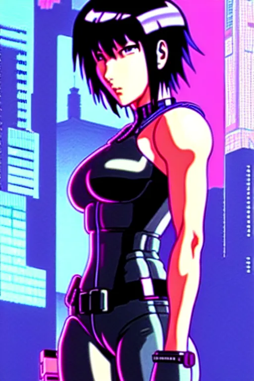 Image similar to a fullbody portrait of motoko kusanagi the major ghost in the shell : : cyberpunk vaporwave : : by ilya kuvshinov, j scott campbell, sola digital arts, anti aliasing, raytracing : :